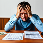 **

A stressed person, "Max," sitting at a table covered in tax documents and cryptocurrency charts. He is looking worried, with a letter from the Finanzamt (tax office) prominently displayed. In the background, subtly include Bitcoin symbols. The overall tone should be serious and convey financial anxiety.

**