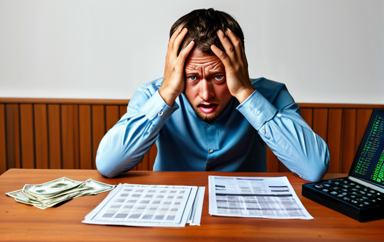 **
A stressed person, "Max," sitting at a table covered in tax documents and cryptocurrency charts. He is looking worried, with a letter from the Finanzamt (tax office) prominently displayed. In the background, subtly include Bitcoin symbols. The overall tone should be serious and convey financial anxiety.
**