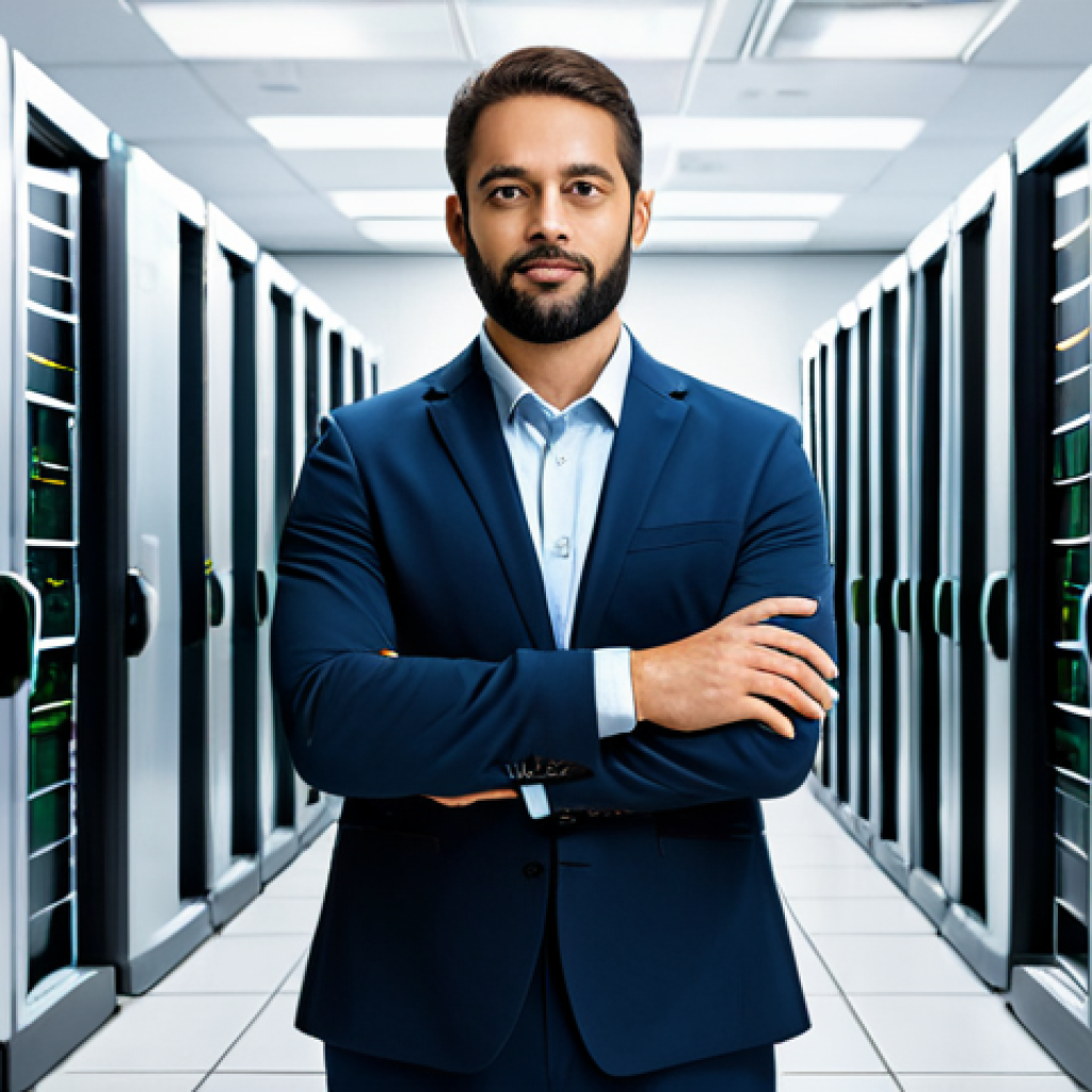 A professional financial compliance officer in a modest business suit, fully clothed, appropriate attire, standing confidently in a state-of-the-art data center, with servers and digital security displays in the background. The atmosphere is serious and secure, representing robust cryptocurrency regulation and safeguarding. Emphasize a professional, safe for work, and appropriate content image. perfect anatomy, correct proportions, natural pose, well-formed hands, proper finger count, natural body proportions.