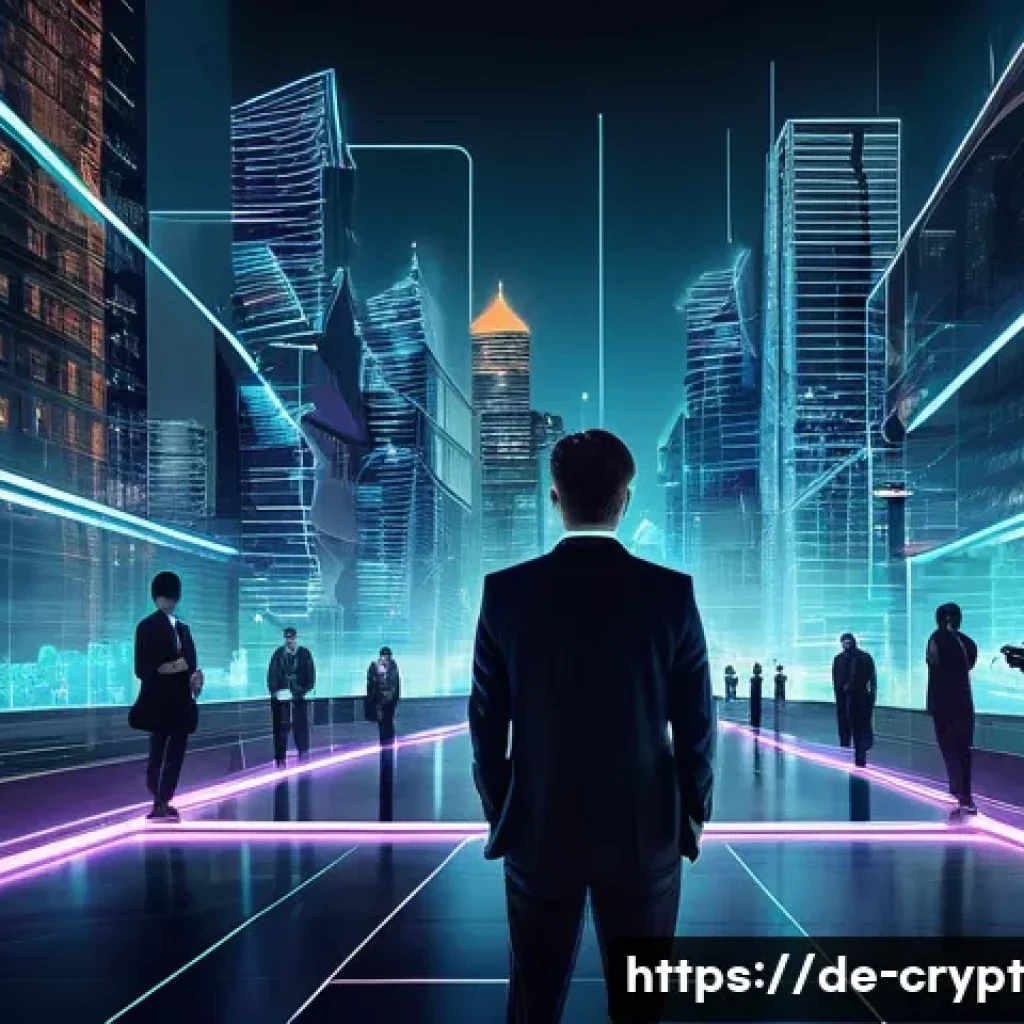 개인정보 보호와 암호화폐의 관계 - A futuristic digital cityscape at night representing blockchain technology and cryptocurrency transa...