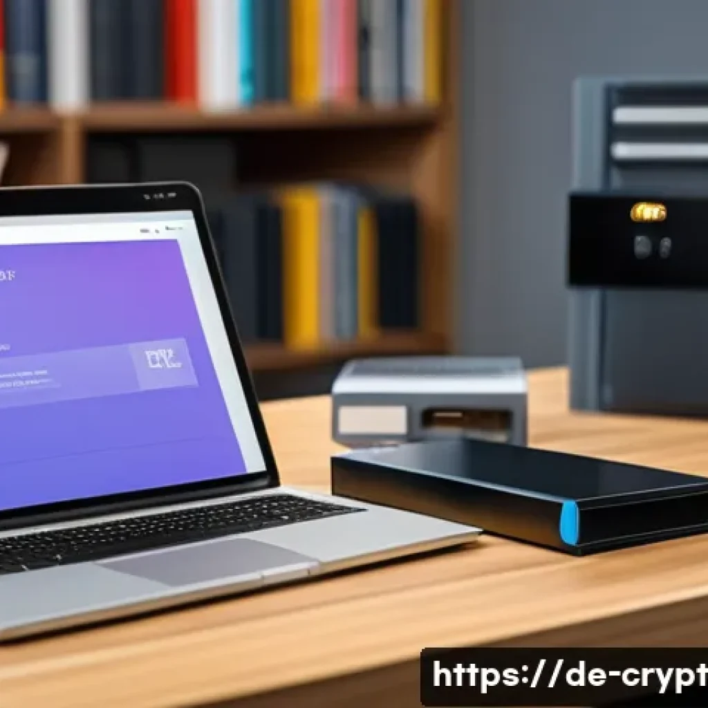 암호화폐 보안 규정 및 준수 사항 - A detailed, realistic scene of a modern German home office focused on cryptocurrency security: a per...