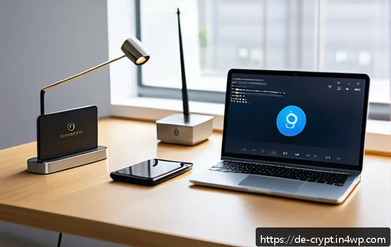 최고의 암호화폐 보안 도구와 플랫폼 - A modern hardware cryptocurrency wallet setup on a sleek, minimalist desk in a well-lit room with a ...