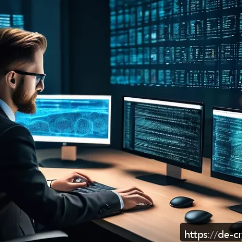 분산형 금융 DeFi 과 보안 리스크 - A detailed, futuristic workspace featuring a cybersecurity expert auditing smart contract code on mu...