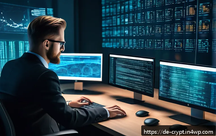 분산형 금융 DeFi 과 보안 리스크 - A detailed, futuristic workspace featuring a cybersecurity expert auditing smart contract code on mu...